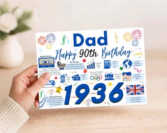 90th Birthday Card For Dad Father , Birthday Card For Him, Happy 90th Greetings Born In 1936 Facts Milestone