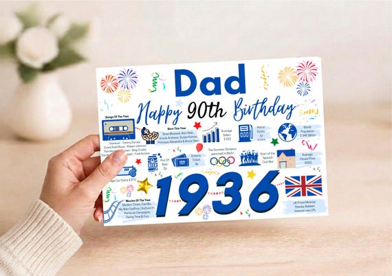 90th Birthday Card For Dad Father , Birthday Card For Him, Happy 90th Greetings Born In 1936 Facts Milestone