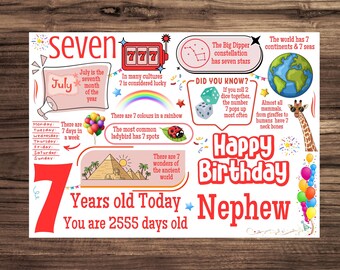 7th Birthday Card For Nephew,  Fun Facts, A5 Size, Age 7, Additional Envelope