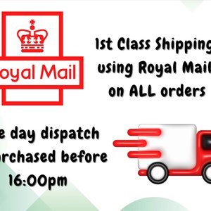 K&ouml;nnte beinhalten: Bild mit dem Royal Mail Logo und einem Cartoon-Lieferwagen. Der Text lautet "1st Class Shipping using Royal Mail" und "Versand am selben Tag, wenn vor 16:00 Uhr gekauft" f&uuml;r alle Bestellungen.