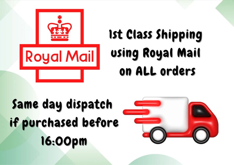 K&ouml;nnte beinhalten: Bild mit dem Royal Mail Logo und einem Cartoon-Lieferwagen. Der Text lautet "1st Class Shipping using Royal Mail" und "Versand am selben Tag, wenn vor 16:00 Uhr gekauft" f&uuml;r alle Bestellungen.
