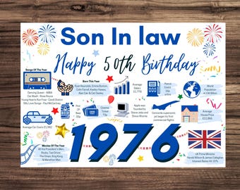 50th Birthday Card For Son In law , Birthday Card For Him, Happy 50th Greetings Card Born In 1976 Facts Milestone