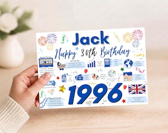 Personalised 30th Birthday Card for Him Son Husband Brother Nephew Grandson Boyfriend, Born 1996