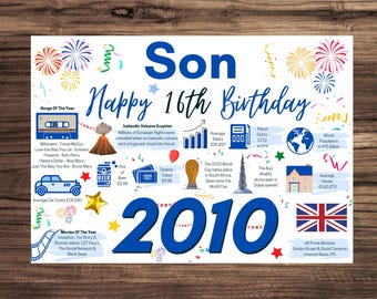 16th Birthday Card For Son, Birthday Card For Him, Happy 16th Greetings Card Born In 2010 Facts Milestone