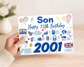 May include: A white birthday card for a son celebrating a 25th birthday in 2001. The card features blue text, colorful fireworks, and various icons representing historical facts from 2001, including a cassette tape, gas pump, and the UK flag.