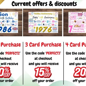 May include: Three rectangular informational posters featuring birthday and anniversary themes with colorful graphics, text, and numbers. The posters display facts from 1986, 1976, and a seventh birthday. Below, text outlines discount codes for multiple card purchases.