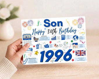 May include: A rectangular birthday card featuring the text Son Happy 30th Birthday and 1996 in large blue font. The design includes colorful fireworks, confetti, and various icons representing 1996, such as a cassette tape, a globe, and the UK flag.