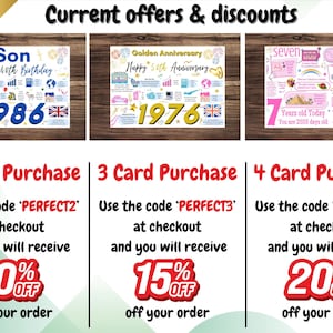 May include: Three rectangular informational posters featuring birthday and anniversary themes with colorful graphics, text, and numbers. The posters display facts from 1986, 1976, and a seventh birthday. Below, text outlines discount codes for multiple card purchases.