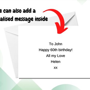 May include: A white greeting card and envelope featuring the black printed text: To John, Happy 60th birthday!, All my Love, Helen, xx. A red arrow points toward the card, accompanied by the black text: We can also add a personalised message inside.