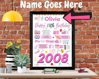 18th Birthday Poster for her | 18 Personalised | 2008 The Year You Were Born PRINT OUT | Last Minute Gift | Quality card