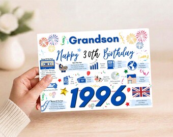 May include: A rectangular birthday card featuring the text Grandson Happy 30th Birthday and 1996 in large blue font. The design includes colorful fireworks, confetti, and various icons representing facts from 1996, such as a cassette tape, a globe, and the British flag.