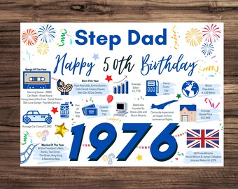 50th Birthday Card For Step Dad , Birthday Card For Him, Happy 50th Greetings Card Born In 1976 Facts Milestone