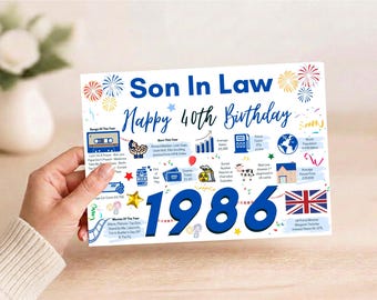 May include: A white rectangular birthday card for a son-in-law celebrating a 40th birthday. The card features blue text reading Son In Law Happy 40th Birthday and the year 1986. It includes colorful illustrations of fireworks, a cassette tape, a gas pump, a globe, a house, and a British flag.