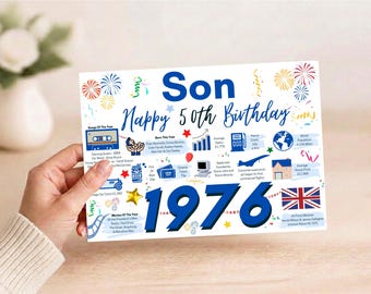 May include: A rectangular birthday card for a son celebrating a 50th birthday in 1976. The white card features blue text, colorful fireworks, and various illustrations representing 1976, including a cassette tape, a computer, and a Union Jack flag.