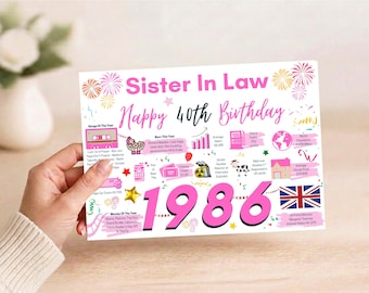 May include: A white rectangular birthday card featuring pink and black text that reads Sister In Law Happy 40th Birthday 1986. The card includes colorful illustrations of fireworks, a cassette tape, a globe, a house, and a British flag.