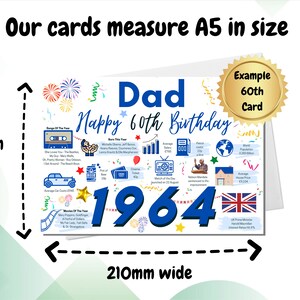May include: A white greeting card featuring blue text that reads Dad Happy 60th Birthday and 1964. The card includes colorful illustrations of fireworks, a cassette tape, a car, and historical facts. It measures 150mm high by 210mm wide.