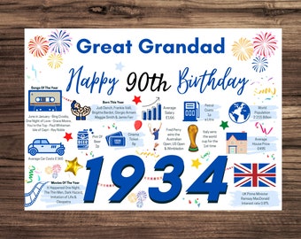 90th Birthday Card For Great Grandad, Birthday Card For Him, Happy 90th Greetings Card Born In 1934 Facts Milestone