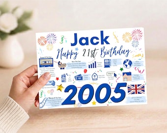 May include: A white rectangular birthday sign featuring the text Jack, Happy 21st Birthday, and 2005 in large blue font. The design includes colorful fireworks, confetti, and various icons representing facts from 2005, including a cassette tape, a globe, a house, and a British flag.