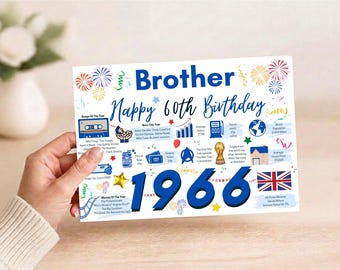 May include: A rectangular birthday card for a brother featuring the text "Brother Happy 60th Birthday" and "1966" in large blue font. The design includes colorful fireworks, confetti, and various blue icons representing facts from 1966, including a cassette tape, a gas pump, a world globe, and the Union Jack flag.