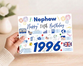 May include: A white rectangular birthday card for a nephew celebrating a 30th birthday. The card features the text 'Nephew Happy 30th Birthday' and '1996' in large blue font, surrounded by colorful illustrations of fireworks, confetti, and various icons representing historical facts from 1996, including a cassette tape, a gas pump, and the British flag.