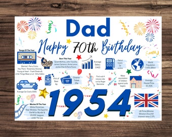 70th Birthday Card For Dad Father , Birthday Card For Him, Happy 70th Greetings Card Born In 1954 Facts Milestone
