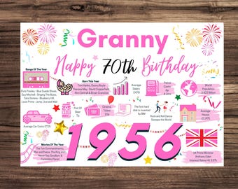 70th Birthday Card For Granny, Birthday Card For Her, Happy 70th Greetings Card Born In 1956 Facts Milestone