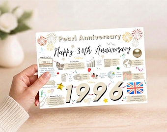May include: A rectangular white card featuring the text Pearl Anniversary and Happy 30th Anniversary with the year 1996 in large font. The design includes colorful illustrations of fireworks, a pearl, and facts from 1996 including music, movies, and UK statistics.