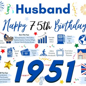 75th Birthday Card For Husband, 75 Birthday Card For Him, Happy 75th Greetings Card Born In 1951 Facts Milestone image 2