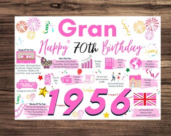70th Birthday Card For Gran Grandmother, Birthday Card For Her, Happy 70th Greetings Card Born In 1956 Facts Milestone