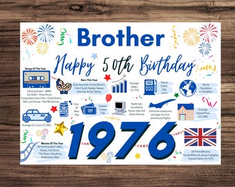 50th Birthday Card For Brother, Birthday Card For Him, Happy 50th Greetings Card Born In 1976 Facts Milestone