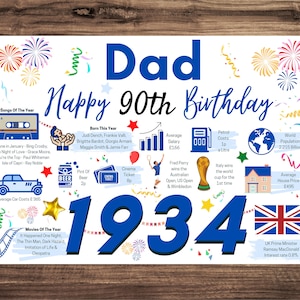 90th Birthday Card For Dad Father , Birthday Card For Him, Happy 90th Greetings Card Born In 1934 Facts Milestone