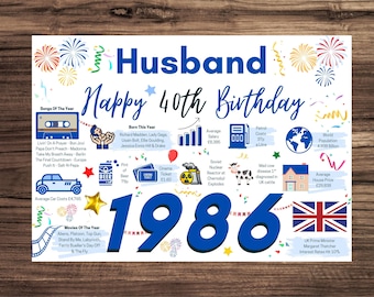 40th Birthday Card For Husband, Birthday Card For Him, Happy 40th Greetings Card Born In 1986 Facts Milestone