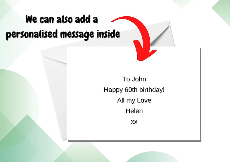 May include: A white greeting card and envelope featuring the black printed text: To John, Happy 60th birthday!, All my Love, Helen, xx. A red arrow points toward the card, accompanied by the black text: We can also add a personalised message inside.