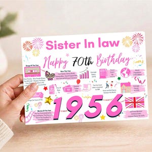 May include: A rectangular birthday card for a sister-in-law featuring the text Sister In law Happy 70th Birthday and 1956 in large pink font. The card includes colorful illustrations of fireworks, stars, and various icons with historical facts.