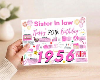 Könnte beinhalten: Eine rechteckige Geburtstagskarte für eine Schwägerin mit dem Text Sister In law Happy 70th Birthday und 1956 in großer rosa Schrift. Die Karte enthält bunte Illustrationen von Feuerwerk, Sternen und verschiedenen Symbolen mit historischen Fakten.