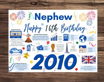 16th Birthday Card For Nephew, Birthday Card For Him, Happy 16th Greetings Card Born In 2010 Facts Milestone