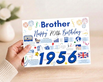 May include: A white rectangular birthday card for a brother celebrating a 70th birthday. The card features the text Brother Happy 70th Birthday and 1956 in large blue font, surrounded by colorful illustrations of fireworks, stars, and icons.
