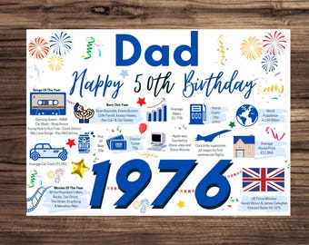 50th Birthday Card For Dad Father , Birthday Card For Him, Happy 50th Greetings Card Born In 1976 Facts Milestone