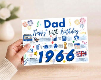May include: A white rectangular birthday card featuring the text Dad Happy 60th Birthday and 1966 in large blue font. The design includes colorful illustrations of fireworks, a cassette tape, a gas pump, a trophy, and the Union Jack flag.