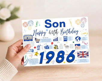May include: A rectangular birthday card for a son celebrating a 40th birthday. The white card features blue text reading Son Happy 40th Birthday and 1986. It includes colorful illustrations of fireworks, confetti, and various icons representing facts from 1986, including a cassette tape, a beer mug, and a British flag.