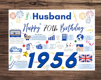 70th Birthday Card For Husband, Birthday Card For Him, Happy 70th Greetings Card Born In 1956 Facts Milestone