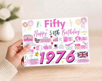 May include: A rectangular birthday sign featuring the text Fifty Happy 50th Birthday 1976 in pink and black. The white background includes colorful illustrations of fireworks, confetti, a cassette tape, a computer, and a British flag with facts.