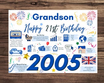 21st Birthday Card For Grandson, Birthday Card For Him, Happy 21st Greetings Card Born In 2005 Facts Milestone