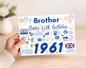 May include: A rectangular birthday card for a brother celebrating 65 years since 1961. The white card features blue text, colorful fireworks, and various icons representing historical facts from 1961, including a cassette tape, a rocket, and a British flag.