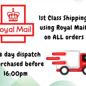 May include: A graphic featuring the red Royal Mail logo with a crown icon, accompanied by text stating 1st Class Shipping using Royal Mail on ALL orders and Same day dispatch if purchased before 16:00pm, alongside a 3D red and white delivery truck.