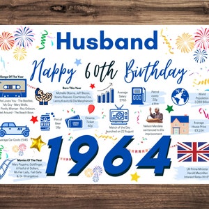 60th Birthday Card For Husband, Birthday Card For Him, Happy 60th Greetings Card Born In 1964 Facts Milestone