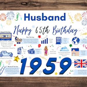 65th Birthday Card For Husband, Birthday Card For Him, Happy 65th Greetings Card Born In 1959 Facts Milestone