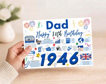 80th Birthday Card For Dad Father , Birthday Card For Him, Happy 80th Greetings Born In 1946 Facts Milestone
