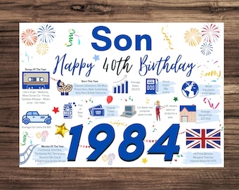 40th Birthday Card For Son, Birthday Card For Him, Happy 40th Greetings Card Born In 1984 Facts Milestone