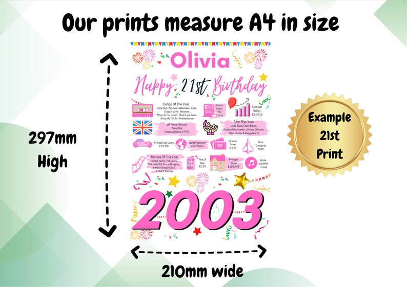 K&ouml;nnte beinhalten: Personalisierter A4-Druck, 210mm breit und 297mm hoch, f&uuml;r einen 21. Geburtstag. Das rosa-wei&szlig;e Design zeigt den Namen "Olivia", das Jahr "2003" und weitere Details.